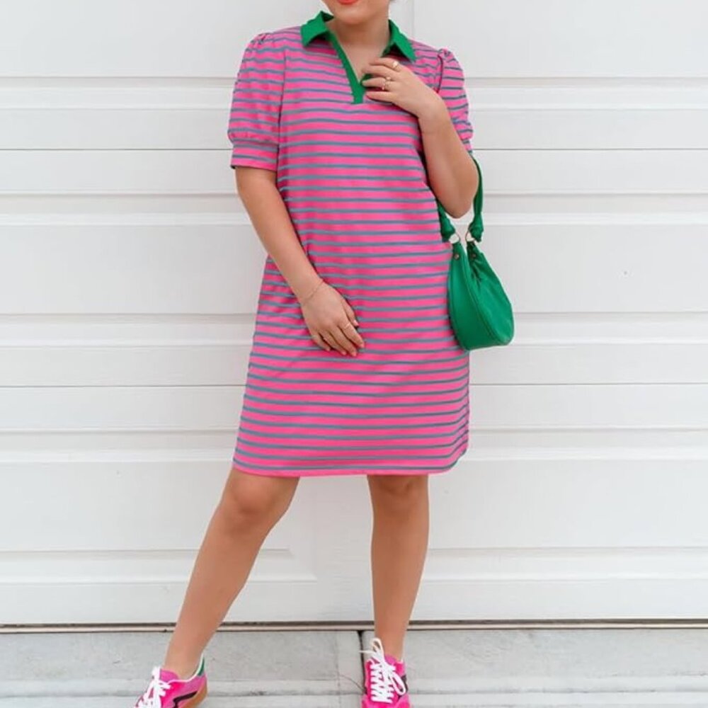 Pink & Green Striped Polo Collar Dress – Effortless Casual Chic